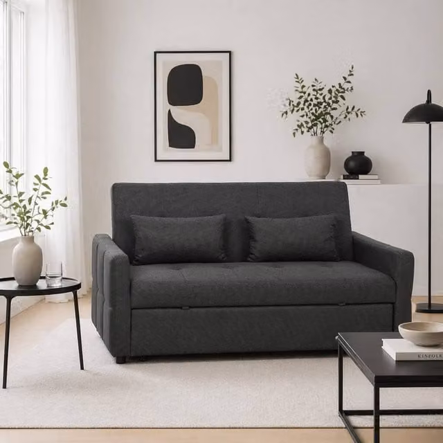 Wyld Haus Lula 2 Seater Convertible Click Clack Sofa Bed in Charcoal Grey with Scatter Cushions, W/D/H: 158 x 85 x 85 cm