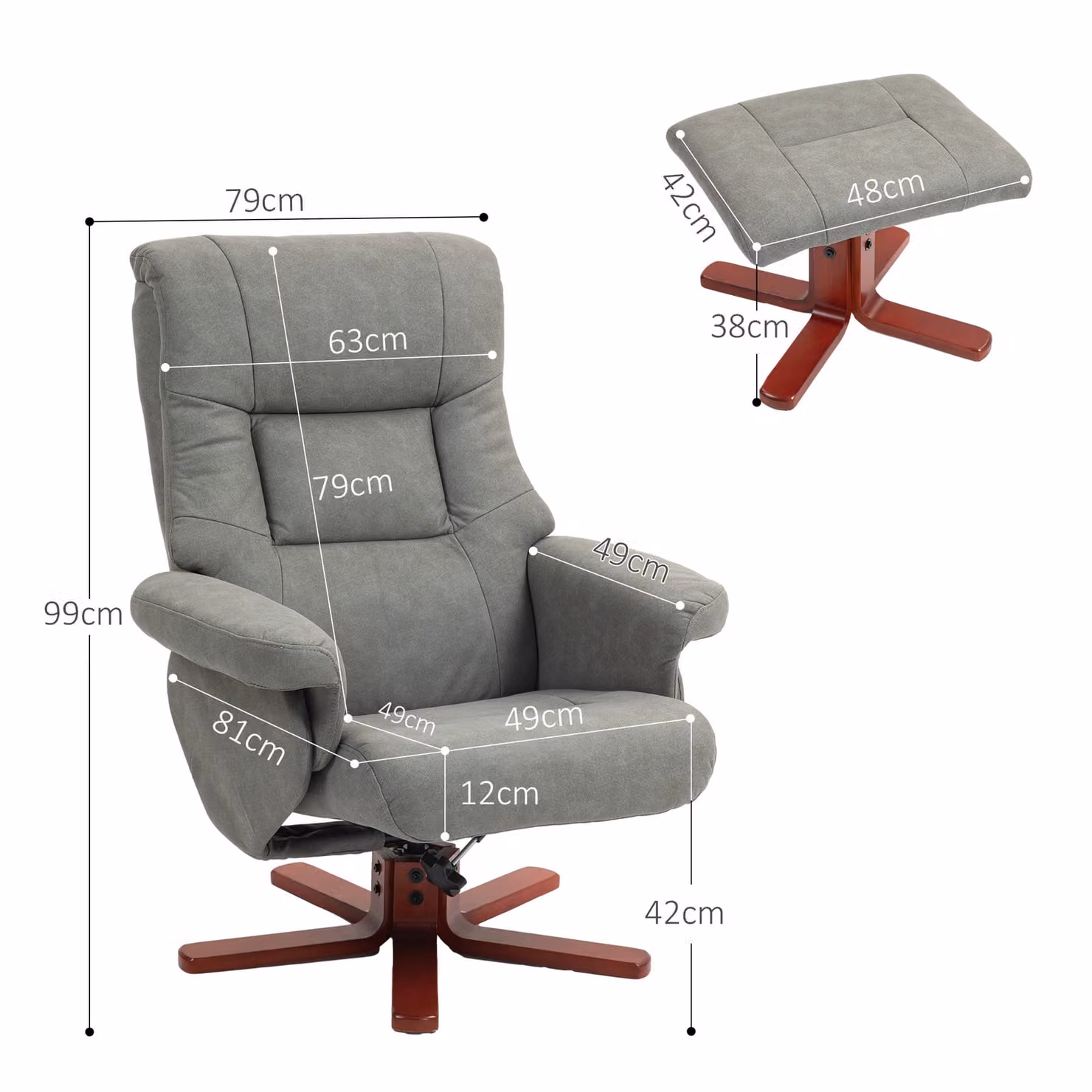 HOMCOM Grey Faux Microfibre Leather Manual Recliner Armchair and Footstool Set – 3