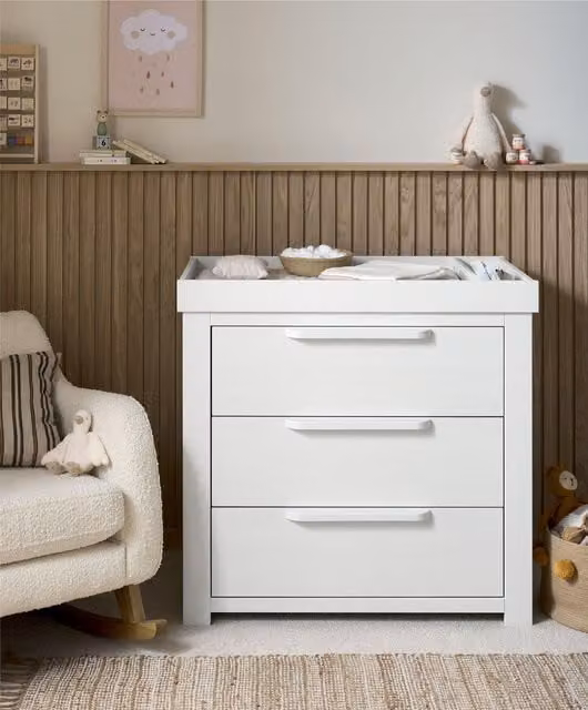 Mamas & Papas Classic White Matt Dresser and Changer with Integrated Storage Bins and Soft Close Drawers