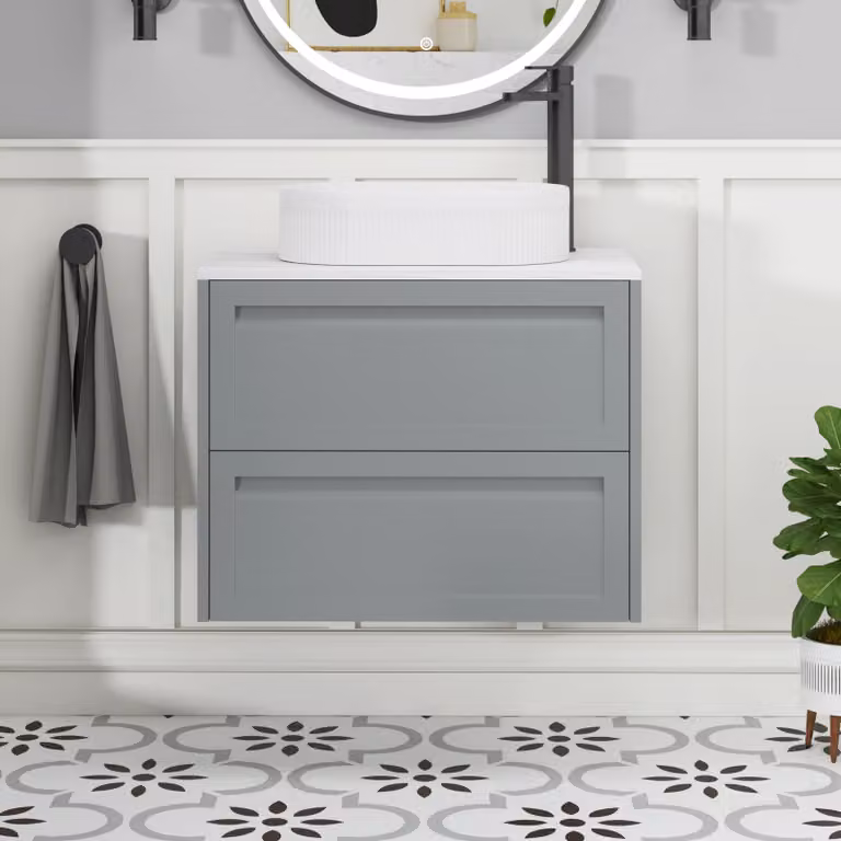 Royal Bathrooms Elmore Matt Pebble Grey 2 Drawer Wall Hung Vanity Unit with Carrara White Worktop