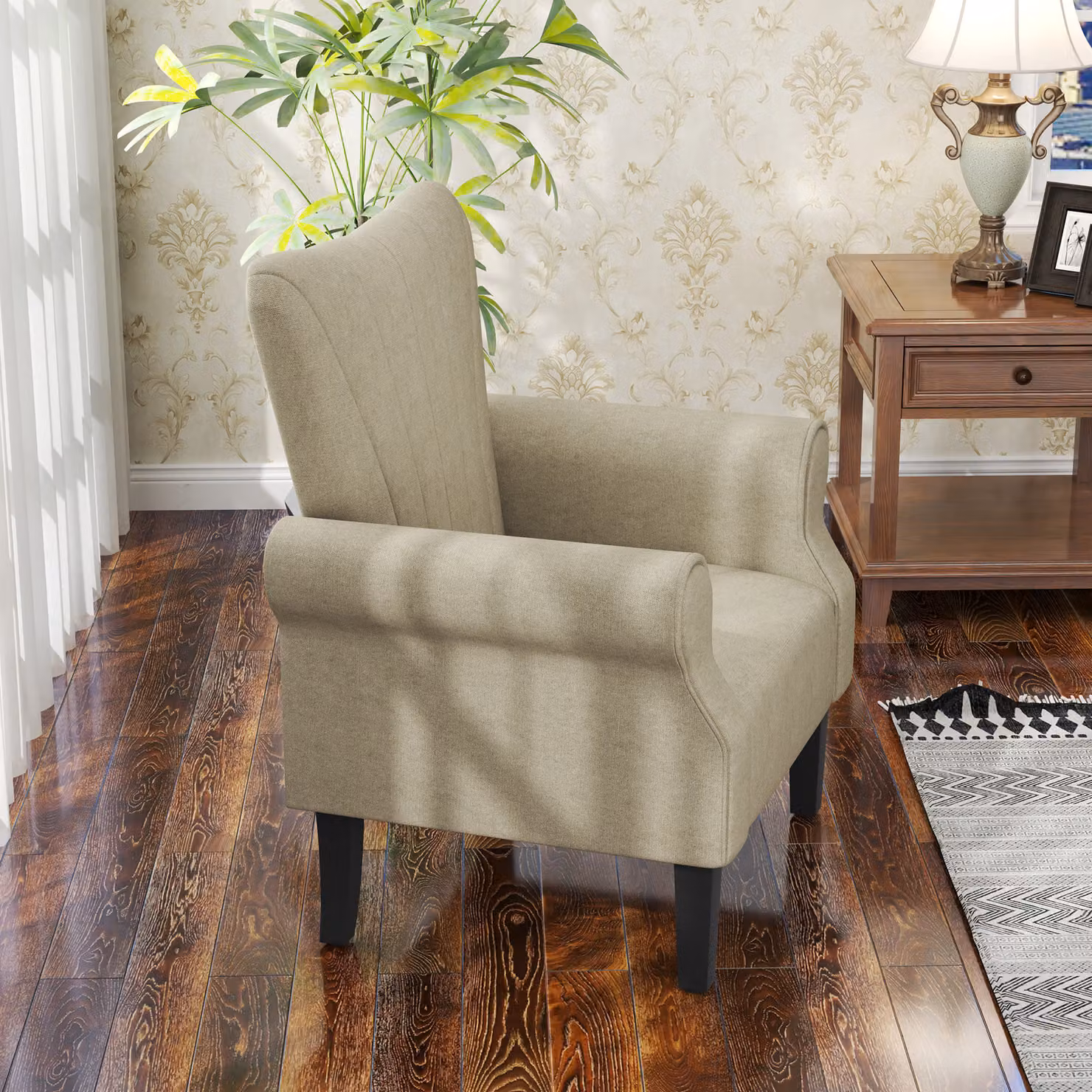 HOMCOM Beige Upholstered Accent Chair with High Back, Rolled Arms and Solid Wood Legs – 5