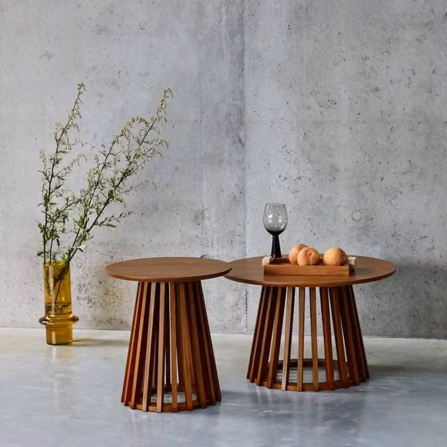 sweeek Pair of Round Modern Wooden Coffee Tables in Brown
