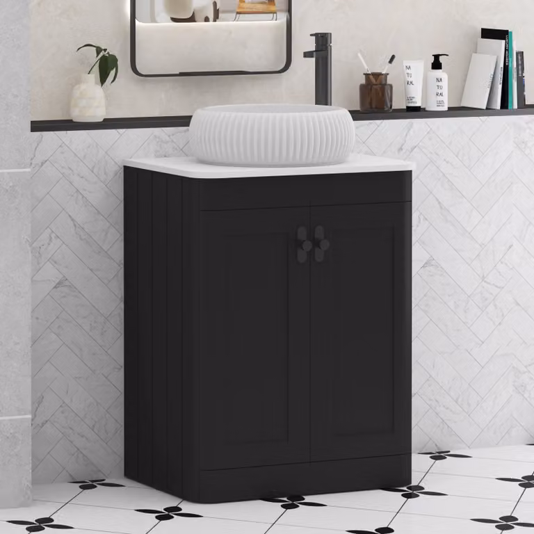 Royal Bathrooms Henley 600mm Floor Standing 2 Door Vanity Unit in Matt Nocturne Black with Plain White Worktop and Milan Basin