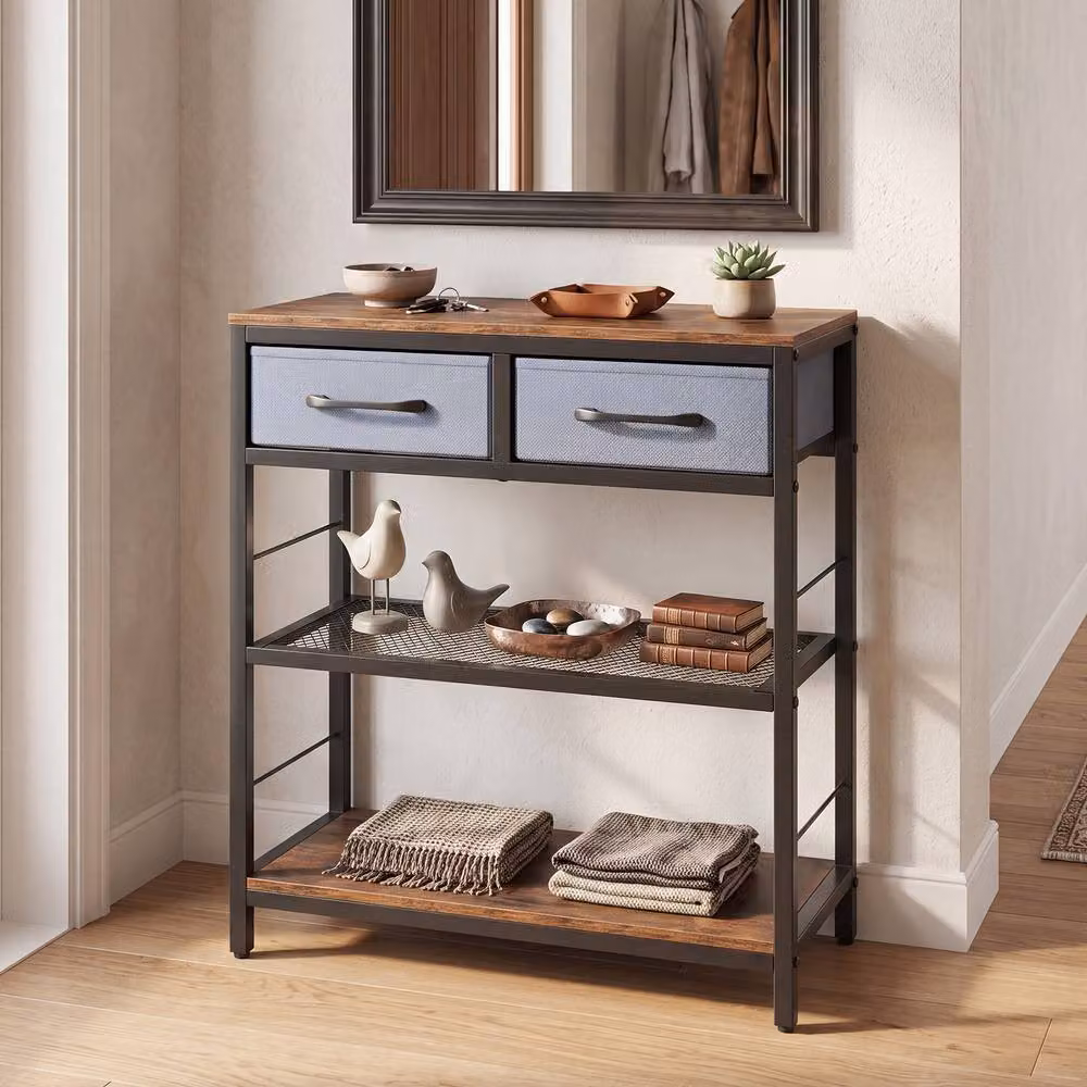 Gymax Narrow Rustic Brown Wood Console Table with 2 Fabric Drawers – 5