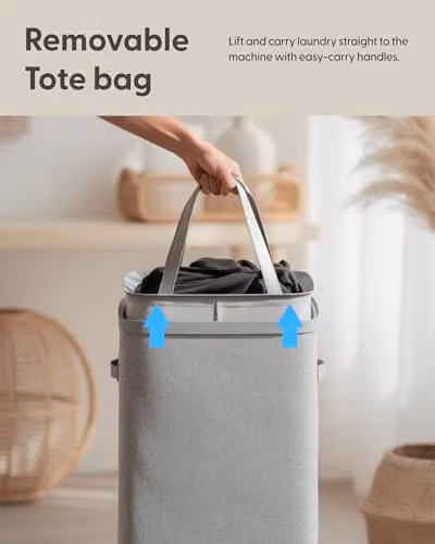 Keplin Collapsible Single Laundry Basket with Lid and Removable Liner, 90L, Grey, W: 42 cm, D: 32 cm, H: 67 cm – 4