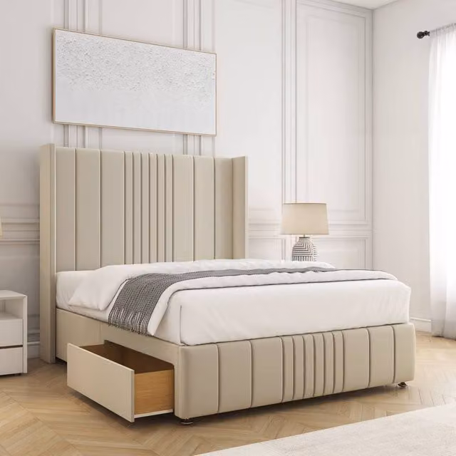 BSSPOKE Elise Double Plush Velvet Divan Bed with 54 inch Headboard and 2 Drawers in Cream