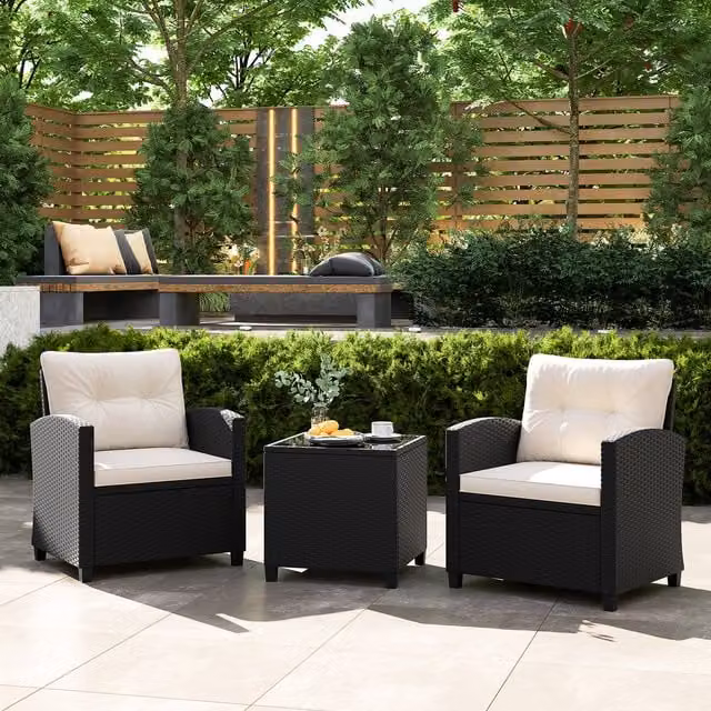 Costway 3 Piece White Polyrattan Outdoor Conversation Set with Upholstered Cushions and Coffee Table