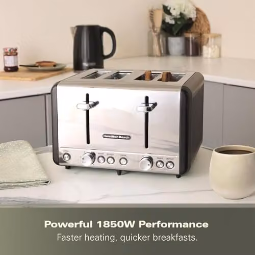 Hamilton Beach Harmony 4 Slice Toaster, 1850W, Espresso Black and Silver Stainless Steel with 6 Browning Controls, Defrost, Reheat and Cancel Settings, Removable Crumb Tray and High Lift Eject, HBT018B – 3