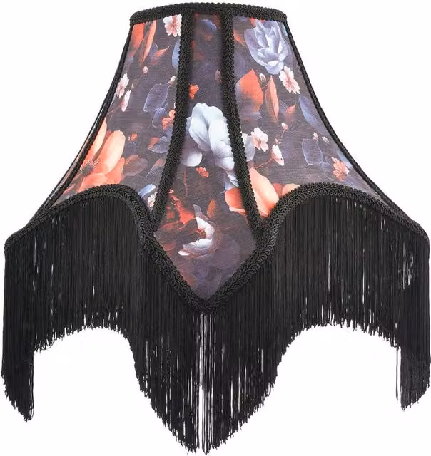 Happy Homewares Large Vintage 1920s Victorian Black Fabric Lamp Shade with Multicolour Flowers, Diameter: 42 cm