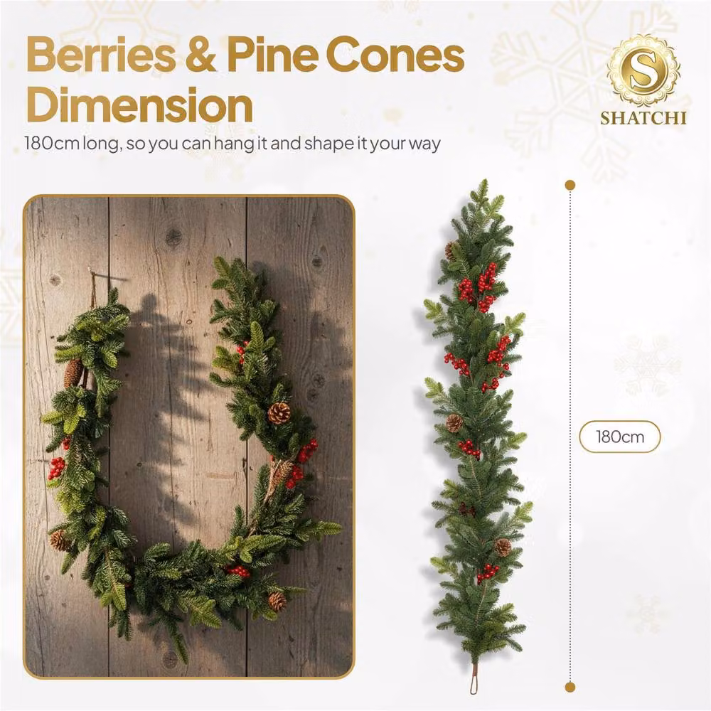 Shatchi Green Fir Christmas Garland with Berries and Pine Cones, 180 cm – 5