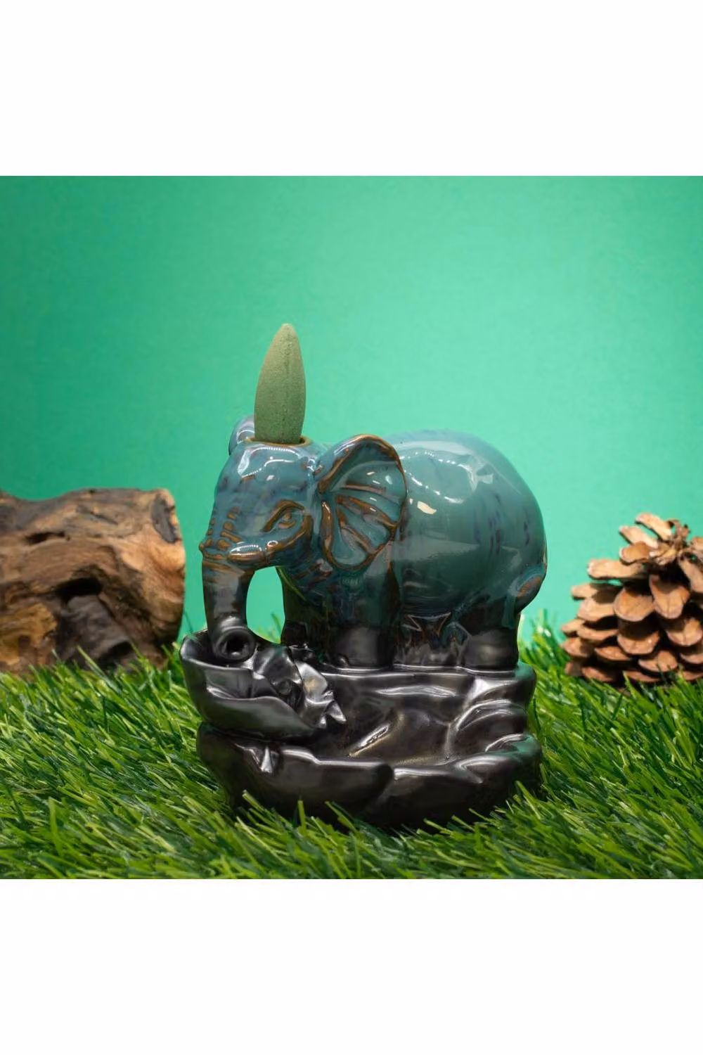 KDMD Elephant at Pool Backflow Incense Burner in Turquoise Glazed Ceramic – 2