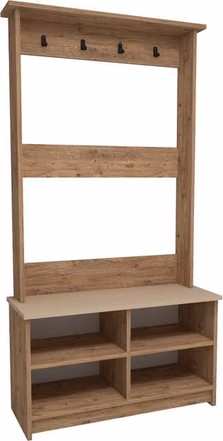 Destina Home Amelia Hallway Coat Rack with Bench and Shelves in Beige, H 173.6 x W 90.0 x D 35.0 cm