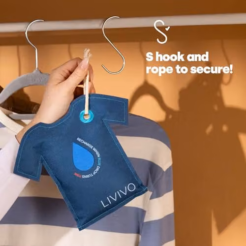 LIVIVO T-Shirt Shaped Reusable Hanging Dehumidifier Bags, 200g, Set of 2, Blue – 3