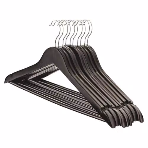Harbour Housewares Black Wooden Coat Hangers with Swivel Hook, Trouser Bar and Notches, Pack of 10 – 1