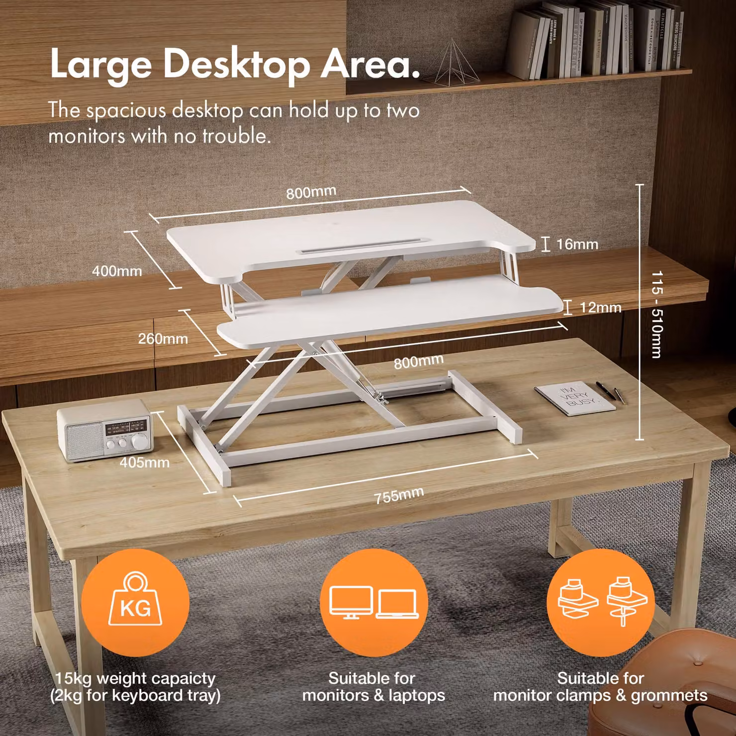 VonHaus Height Adjustable Standing Desk Converter with Keyboard Shelf in White and Light Brown – 2