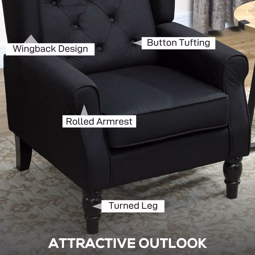 STILVORA Black Fabric Wingback Armchair with Solid Wood Frame, H: 86 cm, W: 102 cm, D: 74 cm – 5