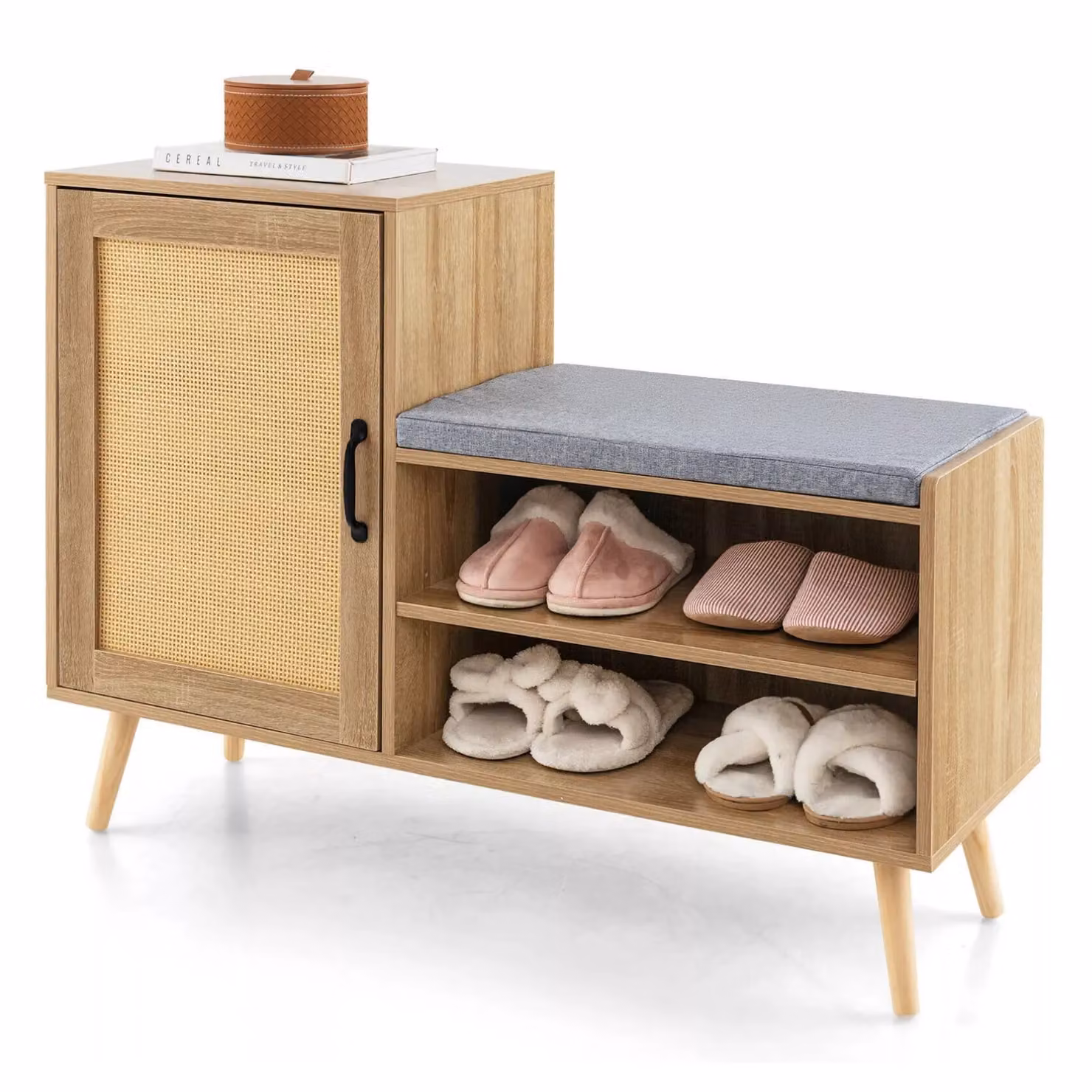 Rafaelo Mobilia Mid-Century Wooden Shoe Storage Bench with Fabric Cushioned Seat and Cabinets in Brown – 2