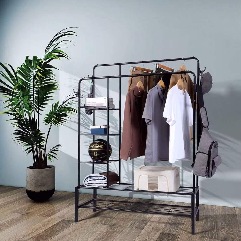PAWNORA Heavy Duty Metal Clothes Rail with Dual Hook and Rail Matrix in Matt Black – 5