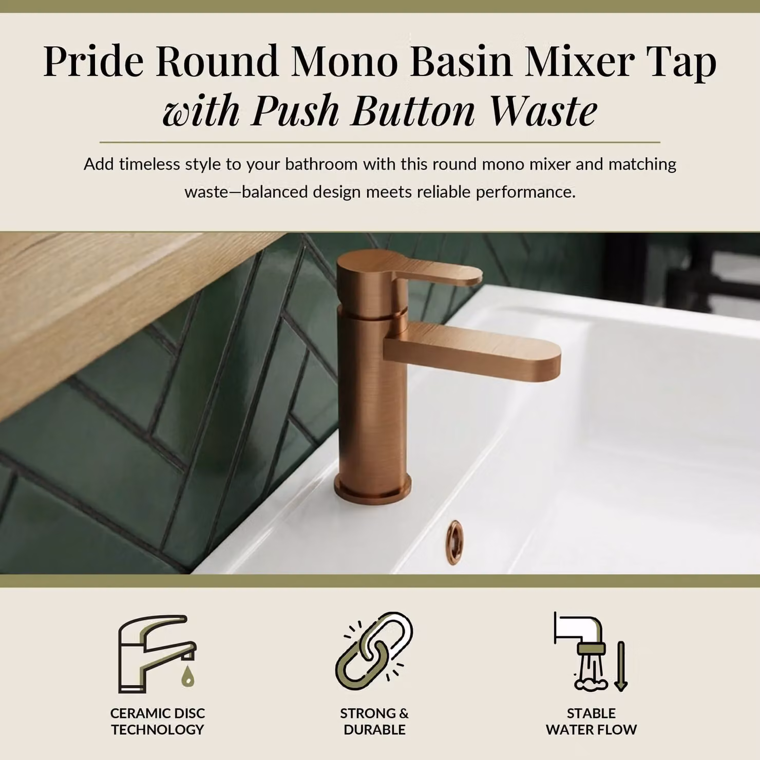 Balterley Pride Round Mono Basin Mixer Tap with Push Button Waste in Brushed Bronze Brown – 2