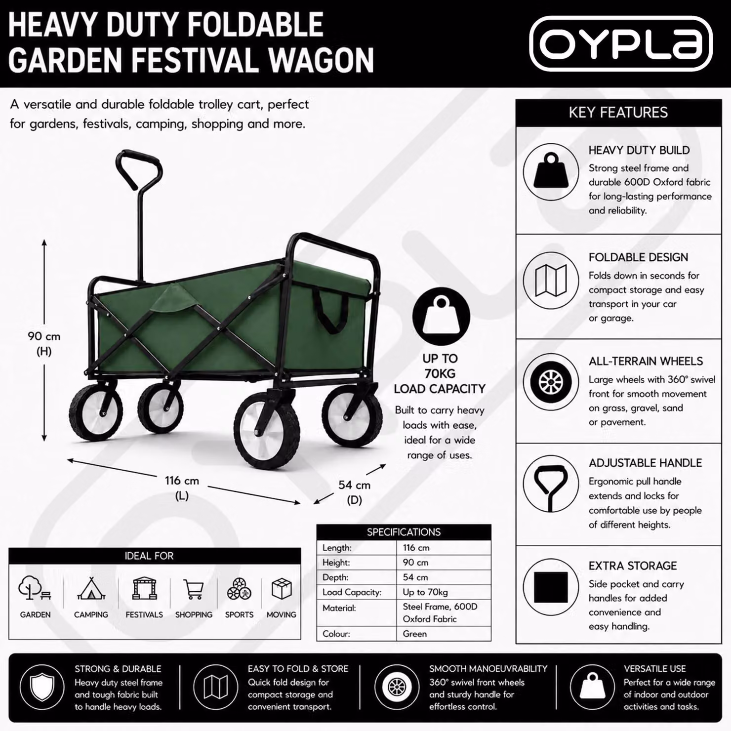 Oypla Heavy Duty Foldable Garden Trolley Cart in Green and Black – 2