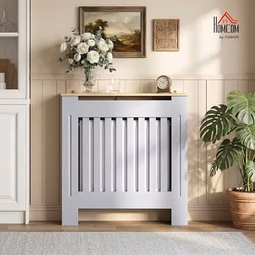 HOMCOM Grey Slatted Radiator Cover MDF Cabinet W/D/H: 78 x 19 x 81 cm – 2