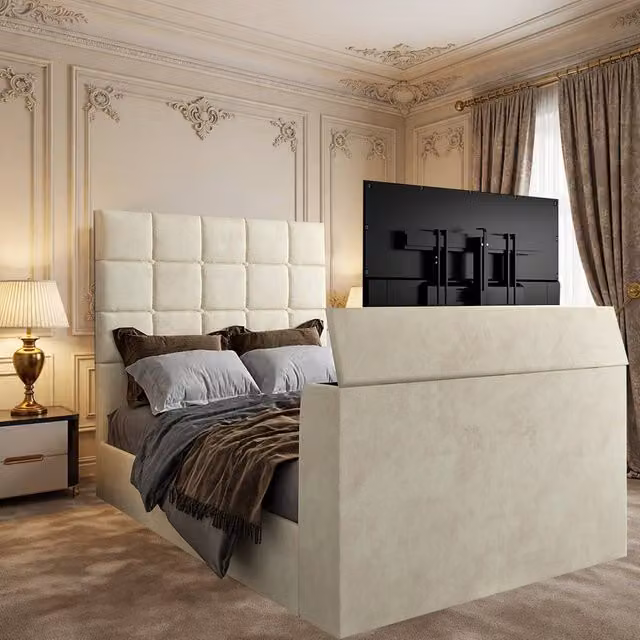 KDMD Woolverstone Upholstered TV Bed Frame in Beige, Super King, W/D/H: 200 x 152 x 189 cm