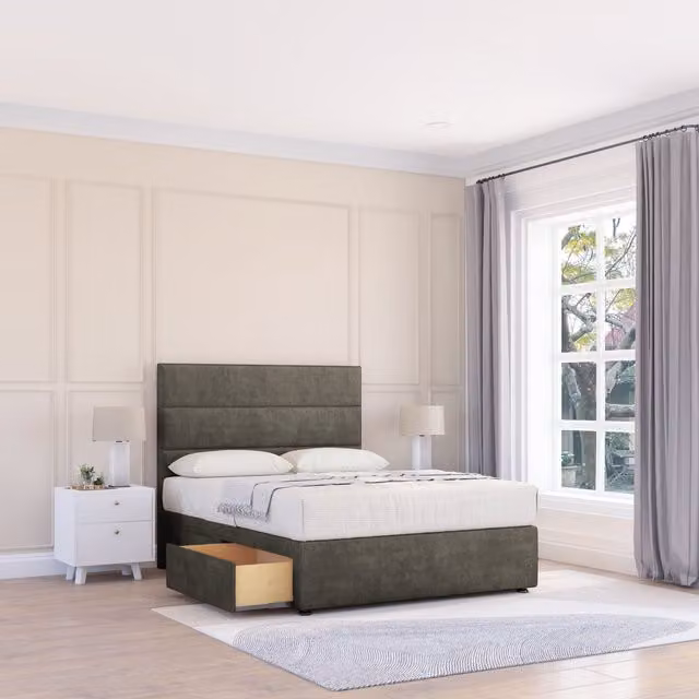 Sloomy Texas Upholstered Divan Bed Base with 2 Drawers and Floor Standing Headboard, Light Grey, W/D/H: 140 x 200 cm