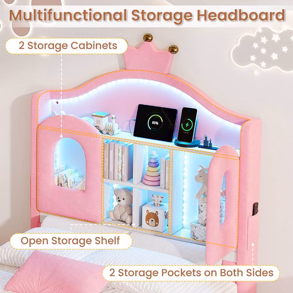 Merax 3ft Single Velvet Upholstered Bed Frame with LED Storage Headboard and USB Charging Port in Pink, W/D/H: 90 x 190 x 139 cm – 2