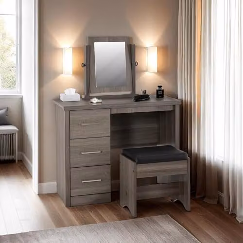 Seconique Lisbon 3 Drawer Dressing Table Set with Mirror in Black Matt Wood Grain – 4