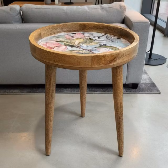 Hartsmede Handmade Round Side Table in Solid Mango Wood with Rose Gold Spring Flower Design and Detachable Legs