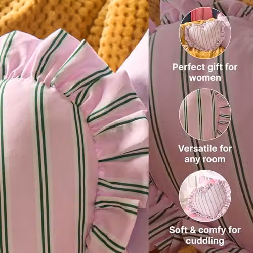 OHS Striped Heart Cushion with Frill Edges, Pink and Green, 40 cm – 3