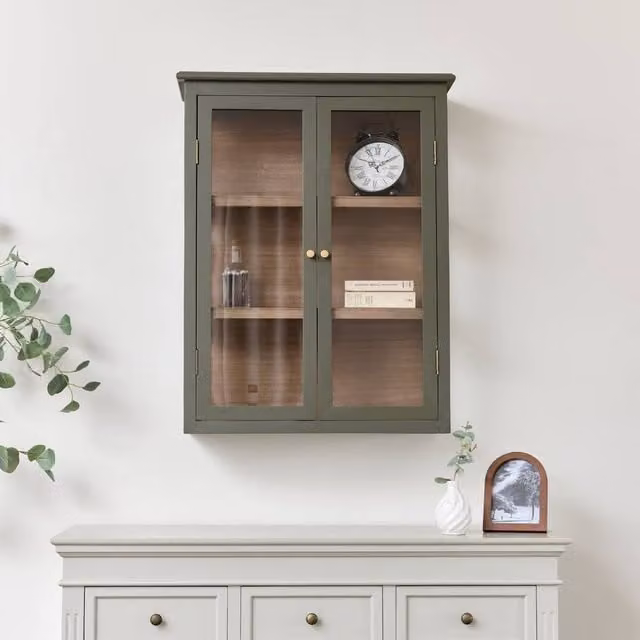 Melody Maison Khaki Green and Wood Wall Mounted Cabinet with Glass Doors and Internal Shelves W: 70 cm, H: 90 cm – 1