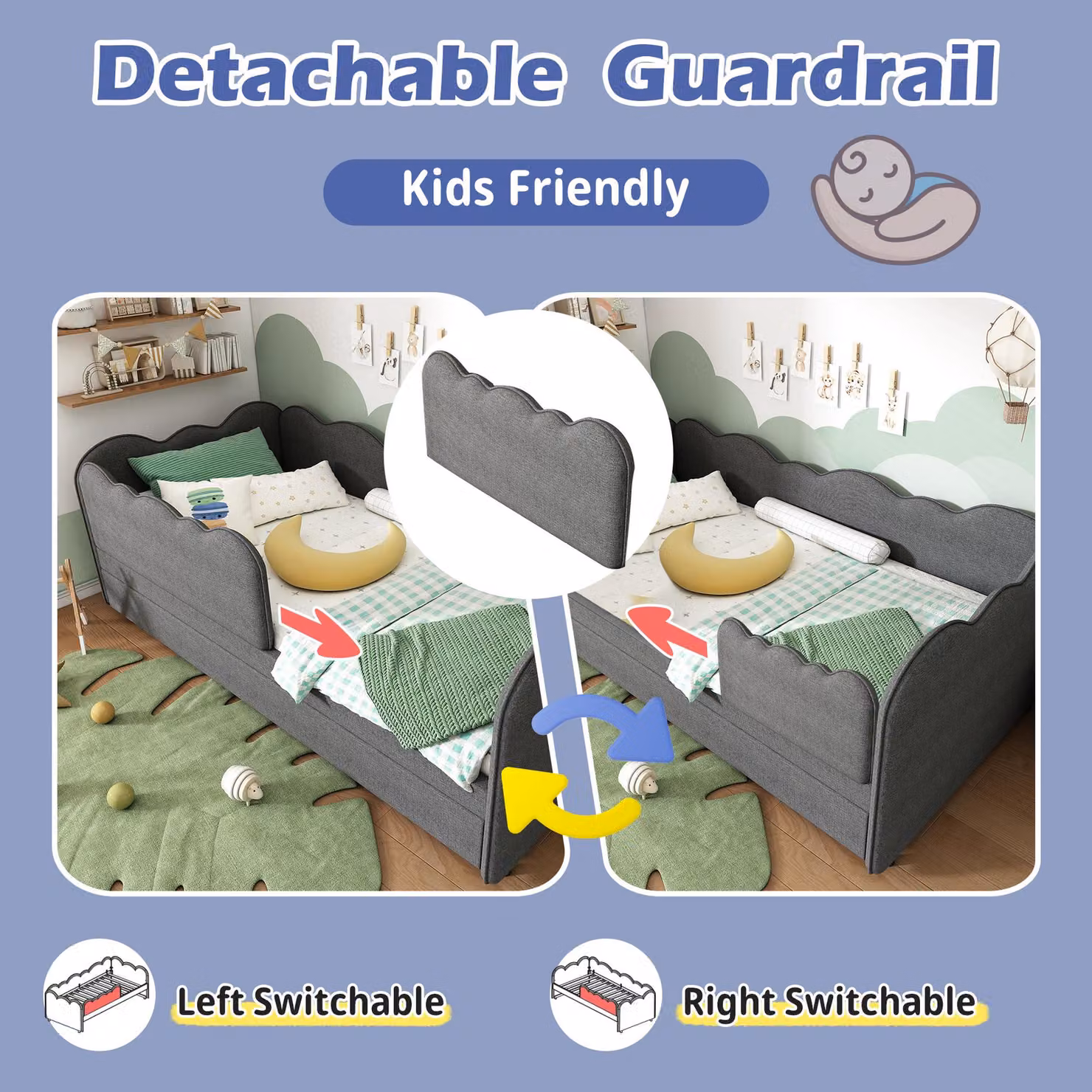 Aosom UK Grey Upholstered Daybed with Pull-Out Trundle and Removable Front Rail, W: 99 cm, D: 197 cm, H: 70 cm – 3