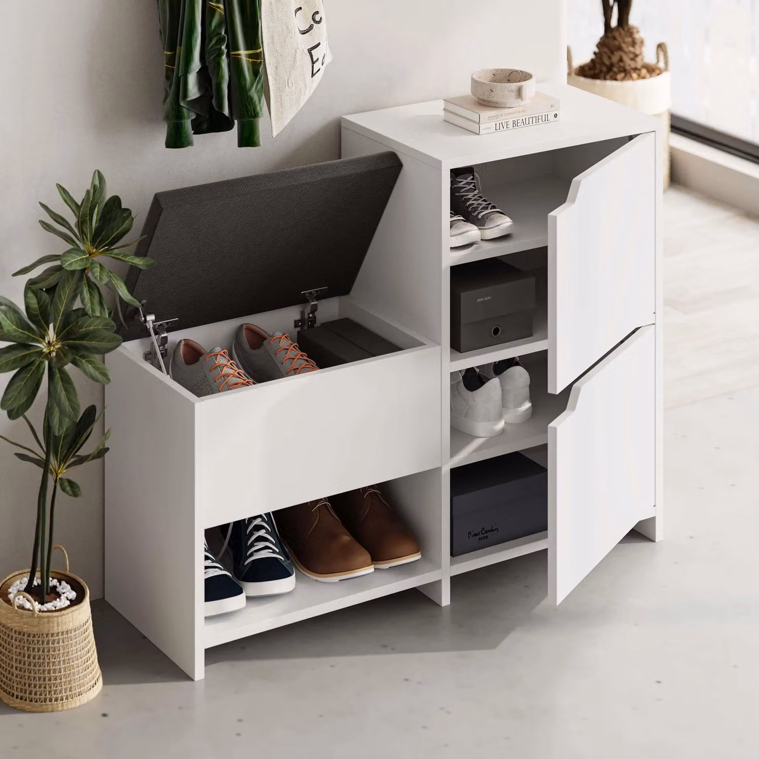 Decortie Haven Modern 3-Door Shoe Storage Bench in White, 2 Pack, Width: 101 cm – 3