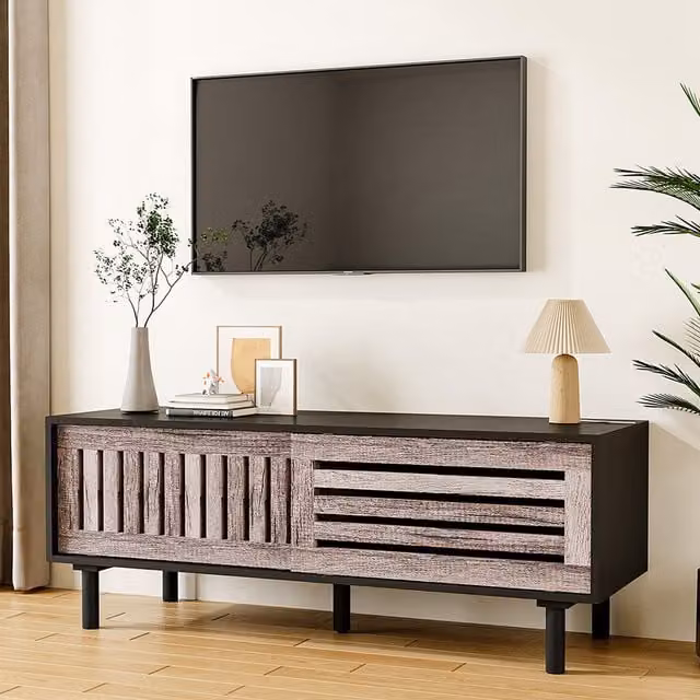 Komore Modern Slatted Wood TV Stand in Black and Brown