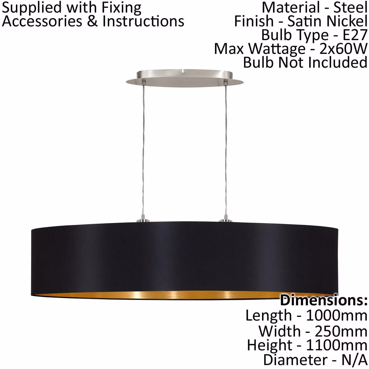 Loops Pendant Light in Satin Nickel with Black and Gold Fabric Shade, E27, 2x60W – 2