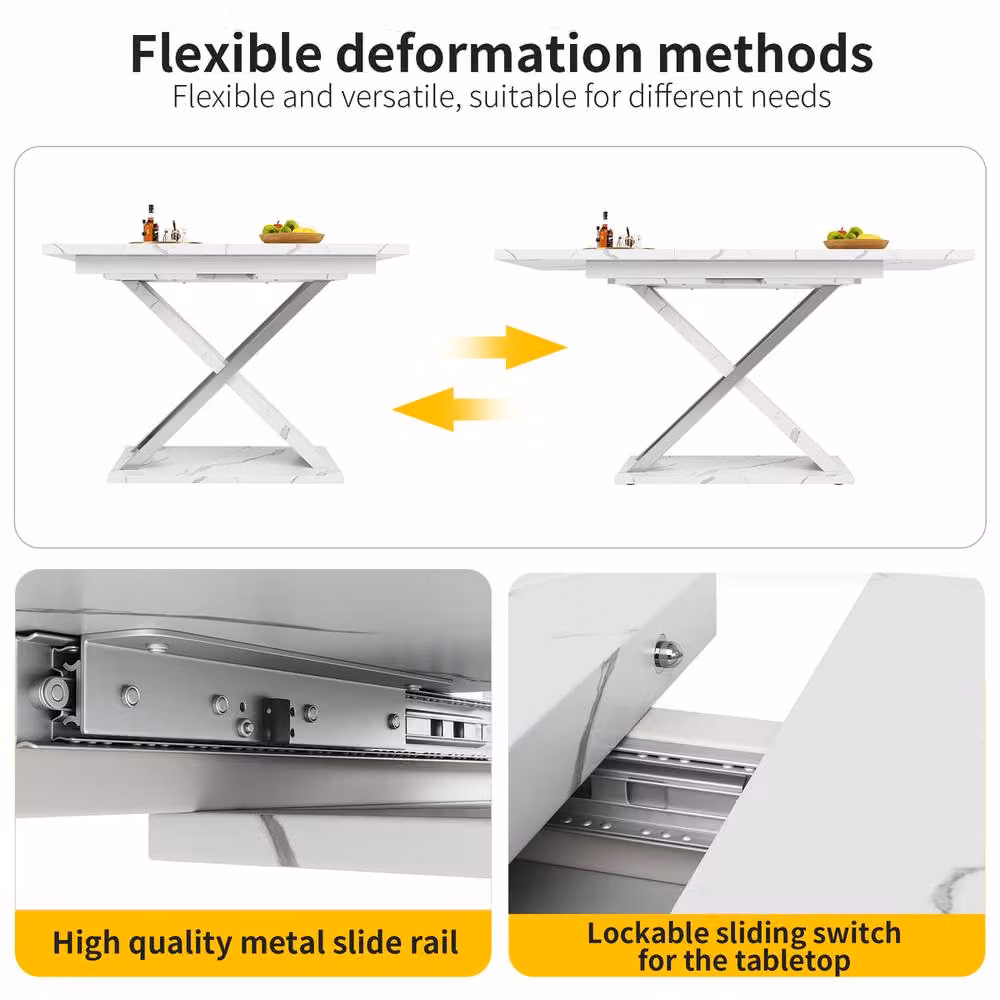 Rolipo Minimalist Extendable Rectangular Dining Table with Marble Effect White Glossy Top and Metal X-Frame Legs – 3
