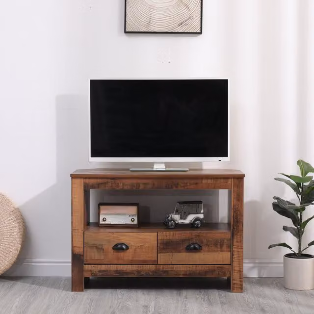 HMD Rustic Brown 2 Drawer Corner TV Unit with Shelf