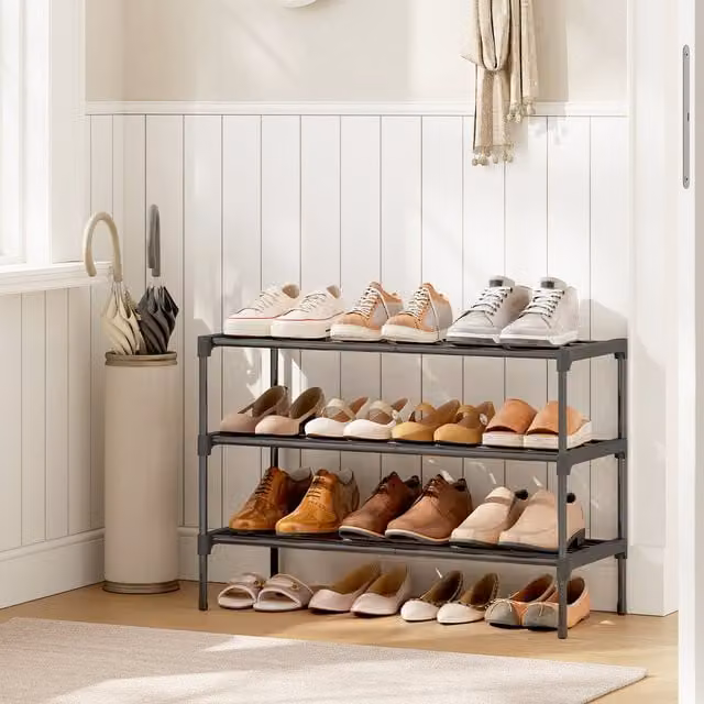 SONGMICS 3-Tier Slim Metal Shoe Rack Organiser in Black