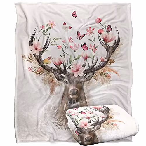 Reinders Floral Deer Silky Touch Super Soft White Fleece Throw Blanket W: 152 cm, D: 127 cm