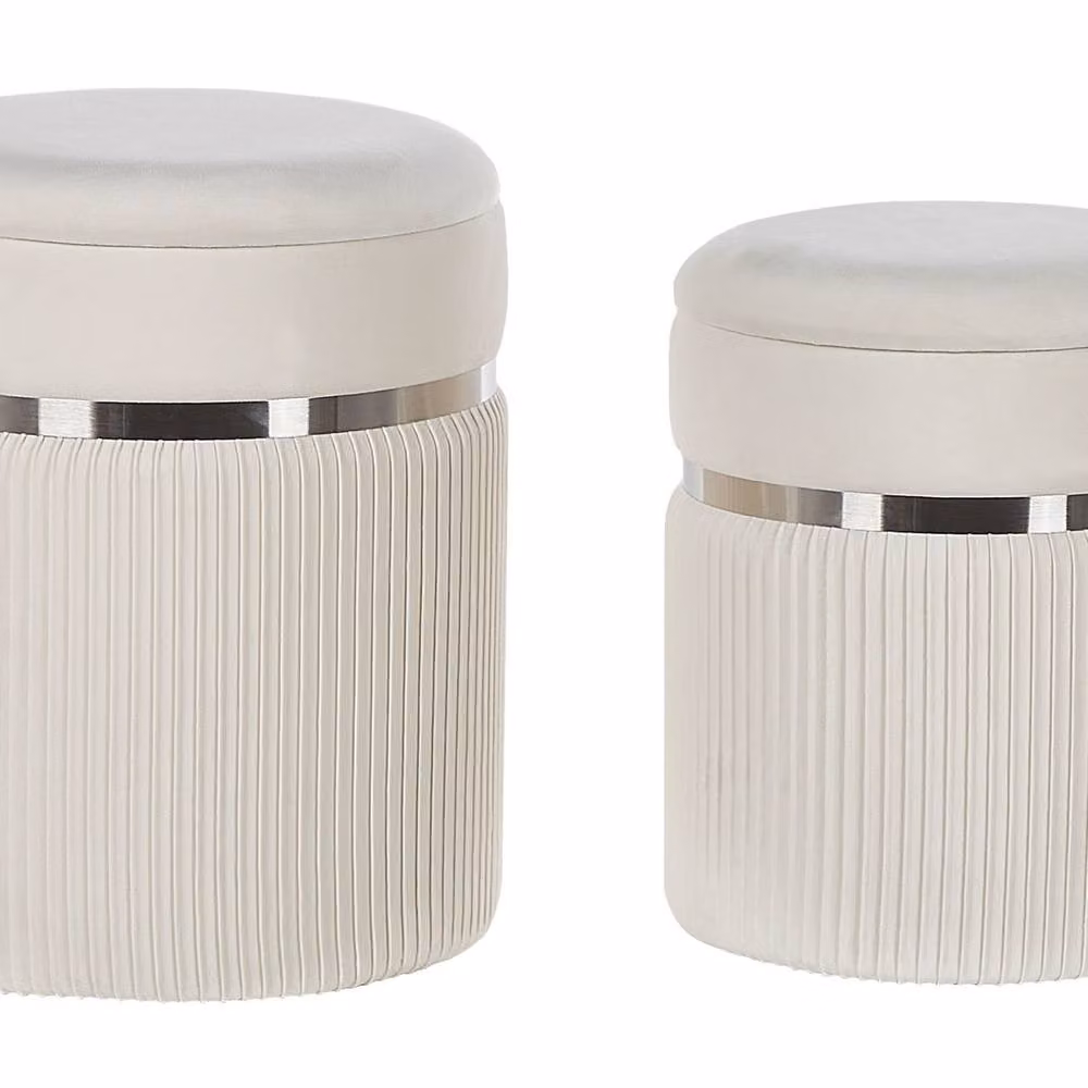 Wyld and Coco Set of 2 Off-White Velvet Cylindrical Pouffes with Metal Bands and Hidden Storage – 2