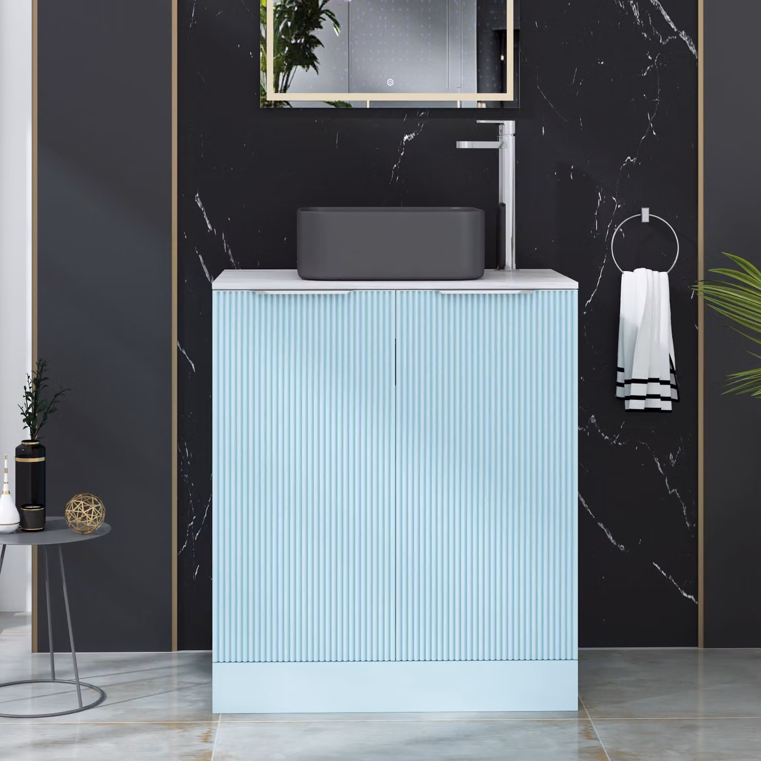 Royal Bathrooms Evora Powder Blue Fluted Floor Standing Countertop Vanity Unit with Art Square Basin and 2 Soft Close Doors