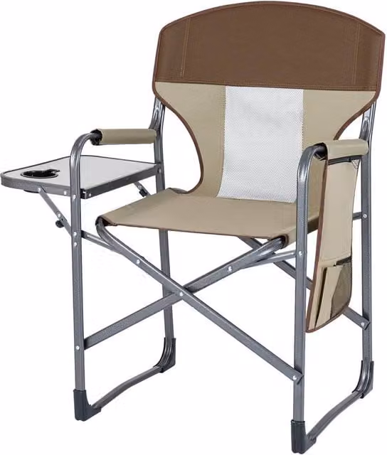 NESTLUNE Brown Heavy Duty Outdoor Beach Chair with Metal Frame, Armrests, Side Tray and Cup Holders