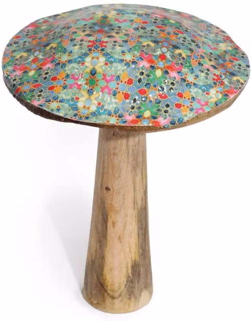 KDMD Large Wooden Mushroom Tabletop Decor with Multicolour Mediterranean Geometric Tile Pattern