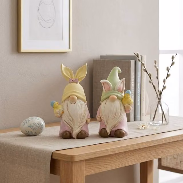 Garden Greatness Springtime Duo Bunny Costume Easter Gonks Ceramic Tabletop Decor in White and Multicolour, 2 Pack