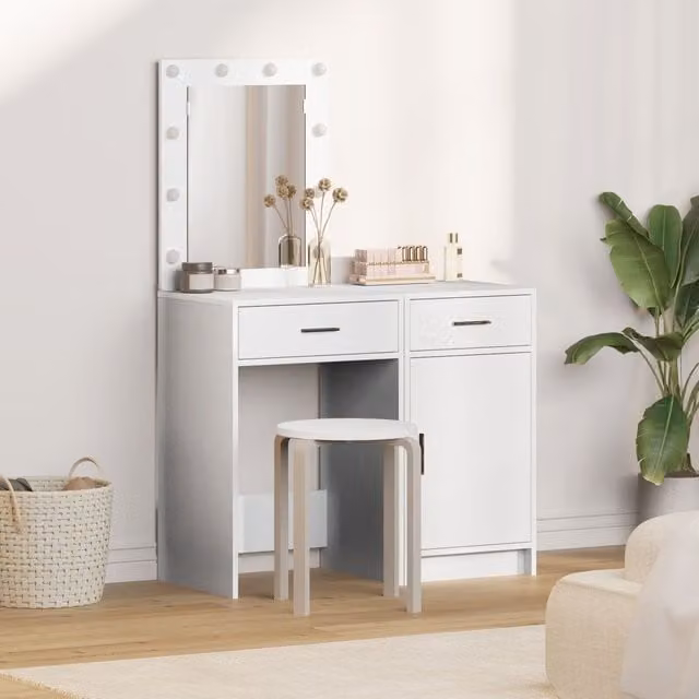 Berkfield Home 2-Piece Modern Hollywood LED Dressing Table Set in White Matt MDF