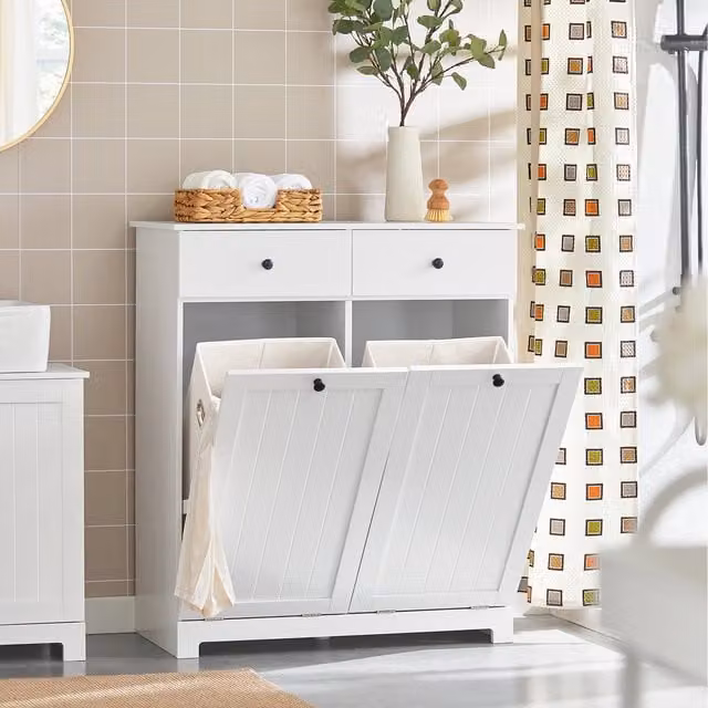 SoBuy White Scandinavian Laundry Cabinet with 2 Laundry Baskets and 2 Pull-Out Drawers, W/D/H: 78.0 x 38.5 x 90.5 cm