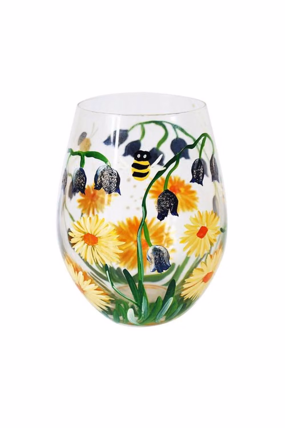 KDMD Bluebell and Bees Floral Stemless Glass Tumbler in Clear with Blue and Gold Details – 2