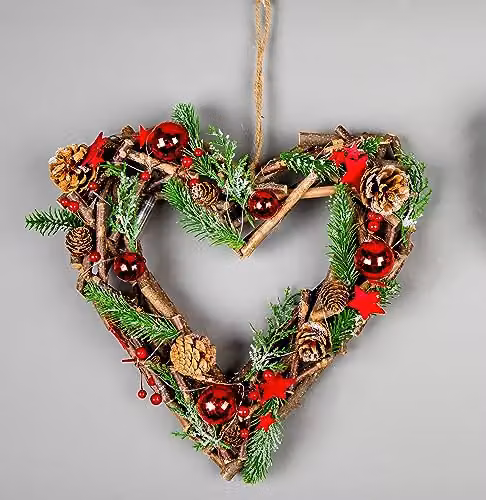 SHATCHI Prelit Heart Wreath Christmas Hanging Decoration with Red Baubles, Berries, Stars and LED Lights, Diameter: 35 cm – 1