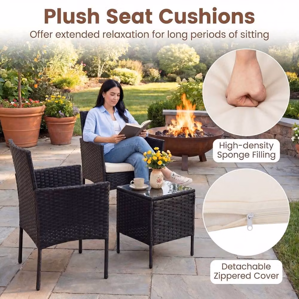 NESTLUNE Black Modern Outdoor Garden Furniture Set with Upholstered Lounge Armchair and Coffee Table – 5